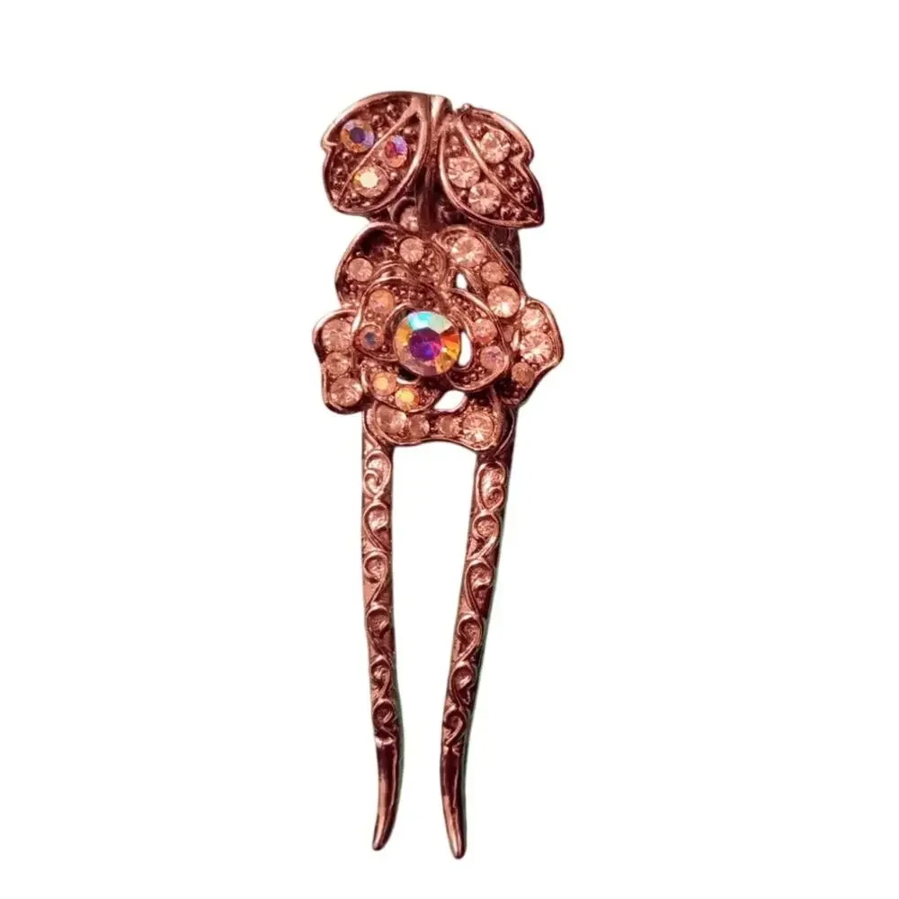 Vintage Bronze Tone Rhinestone Rose Hair Fork Stick Pin Two Prong Chignon Clip